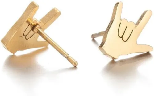 Vista 3 de 3 pares de aretes de acero inoxidable personalizados con símbolo de lenguaje de signos para mujeres y niñas, joyería minimalista, Metal, Sin gemas.