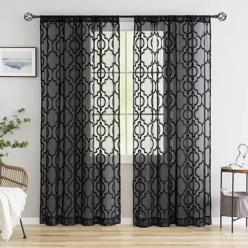 Vista 14 de Purainbow Paneles de Cortinas Transparentes de Encaje Floral para Ventana de 54 Pulgadas de Largo, Cortinas Transparentes de Gasa Geométrica