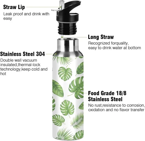 Vista 3 de Green Tropical Leaves Insulated Water Bottle 32 Oz, BPA-Free Sport Water Bottle Insulated Leakproof Water Bottles