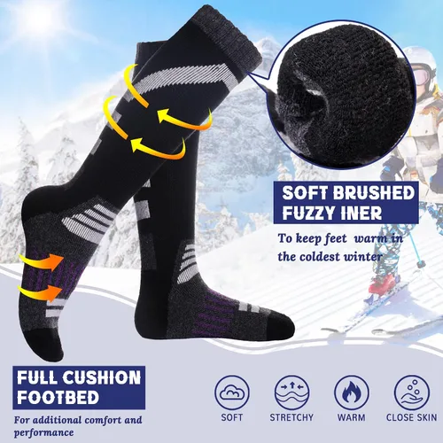 Vista 2 de Calcetines de esquí para niños, de lana merina, cálidos, térmicos, para senderismo, snowboard, hasta la rodilla, calcetines para botas para niños