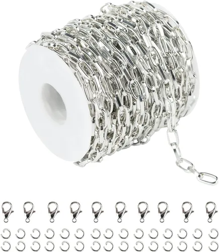 Vista 8 de 10 metros collar con colgante de papel plateado en oro, cadena de eslabones de aluminio para hacer joyas, rollo de cadena con anillas abiertas