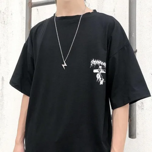 Vista 5 de CYee Y2K - Camiseta punk de manga corta de gran tamaño para hombre, hip-hop, crucifijo impreso, sudadera Harajuku Streetwear