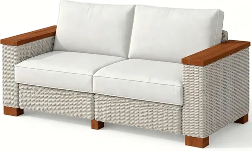 Vista 9 de PaPaJet Sofá de dos plazas para exteriores, sofá de mimbre con reposabrazos y patas sólidos, cojín de 4.7 pulgadas de grosor, sofá modular