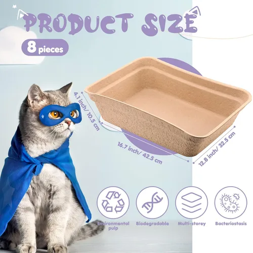 Vista 2 de Zopeal Paquete de 8 cajas de arena desechables para gatos, 16.7 x 12.8 x 4.1 pulgadas, bandeja de arena grande de papel para mascotas, caja