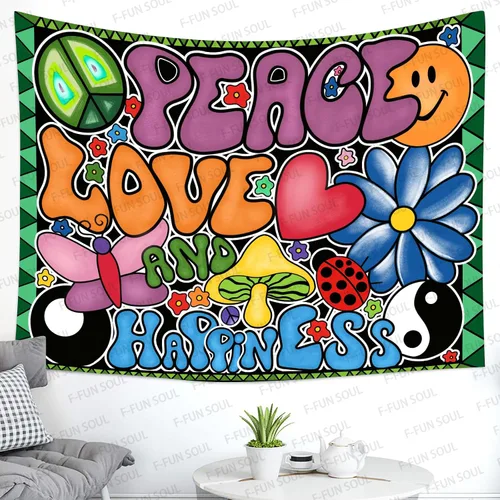 Vista 8 de F-FUN SOUL Tapiz de paz amor y felicidad, tapices geniales, 40 x 30 pulgadas, tapices temáticos de los años 70, tapiz estético hippie para colgar