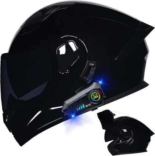 Vista 16 de Casco modular Bluetooth para motocicleta, aprobado por DOT, de cara completa, abatible, antivaho, doble visera, casco de motocicleta de calle, LENTE
