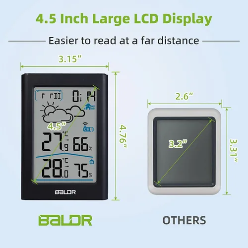 Vista 3 de BALDR Termómetro para Interior y Exterior Inalámbrico, Estación Meteorológica Alimentada por Batería para Interior y Exterior con Reloj, Monitor