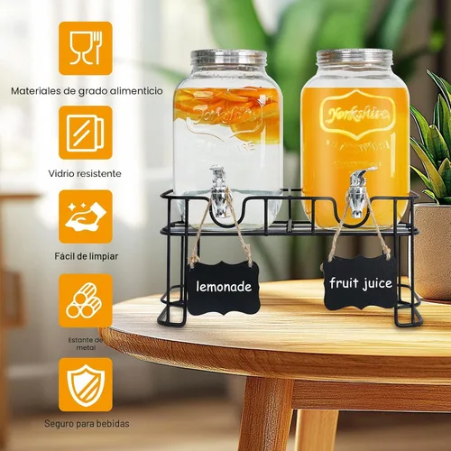Vista 5 de Paquete de 2 dispensadores de bebidas de vidrio de 1 galón para fiestas - Dispensador de bebidas a prueba de fugas con soporte, grifo, cilindro