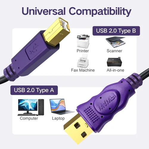 Vista 4 de Cable de impresora de 20 pies, cable USB 2.0 macho A a macho B para impresora/escáner (20 pies)
