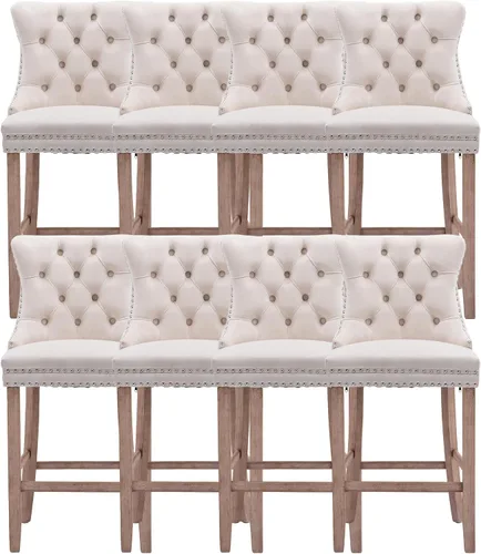 Vista 14 de Taburetes de bar tapizados de terciopelo modernos de 27 pulgadas con patas de madera, botón con cabeza de clavo cromada, taburetes de bar con Beige