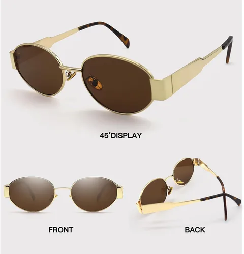 Vista 4 de Lentes de sol ovalados para mujer, diseño de moda, para cara pequeña, marco de metal retro, sombras para mujer