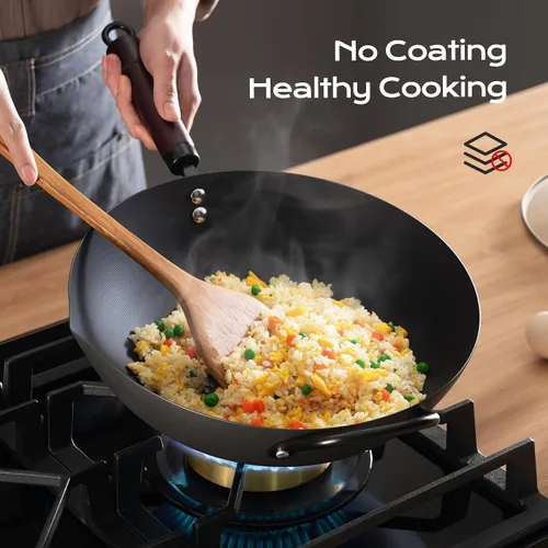 Vista 3 de FGJ Wok, wok de 13 pulgadas de acero al carbono con vaporera y sartenes para saltear sin adherencia, woks chinos pre-curados de 5.8QT de fondo plano