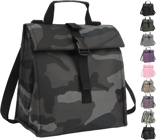 Vista 12 de GYEUKHAM Bolsa de almuerzo aislada para hombres/mujeres/niños, lonchera reutilizable con tapa enrollable y correa ajustable para el hombro Verde