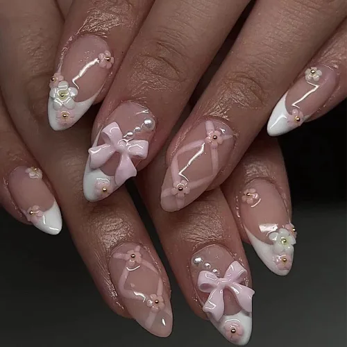 Vista 9 de Uñas postizas a presión, uñas postizas medianas con diseño de almendra, 24 A-1