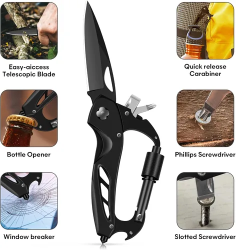 Vista 6 de Herramienta múltiple con mosquetón con cuchillo de bolsillo, equipo de supervivencia para camping y senderismo, llavero con mosquetones EDC