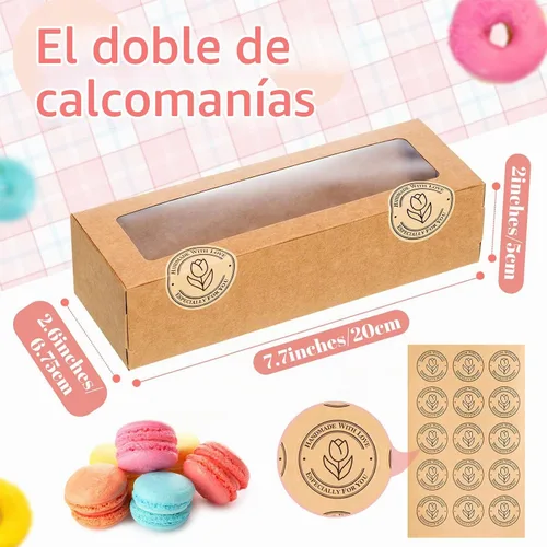 Vista 2 de Sherr 100 cajas de macarrón marrón con ventana, cajas transparentes de 7.7 x 2.6 x 2 pulgadas de largo con calcomanías para pasteles, galletas