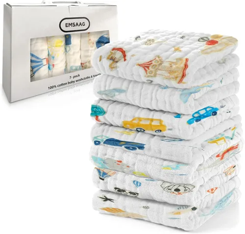 Vista 10 de Toallitas de muselina para bebé, toallitas para recién nacidos, paquete de 7 con patrón de animales, toallas absorbentes para baño y cara