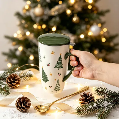 Vista 7 de Taza de té de cerámica con tapa, infusor y cuchara, 16 onzas Verde (Green Christmas)