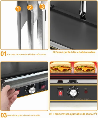 Vista 11 de Panini Press comercial - Parrilla eléctrica Panini de 3600 W, acero inoxidable, controles de temperatura duales, prensa doble sándwich con sartén