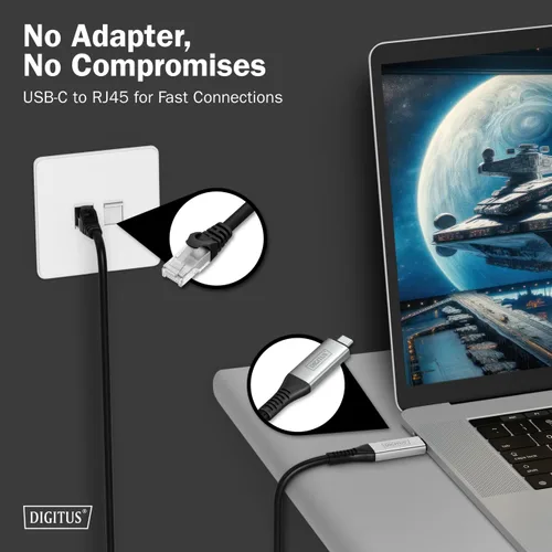 Vista 2 de DIGITUS USB to Ethernet Cable - Type-C to RJ45 - USB-C 3.2 Gen1 - 1Gbps - 2m - LSZH - CAT 6A S/FTP - AWG 26 - Plug & Play - Black