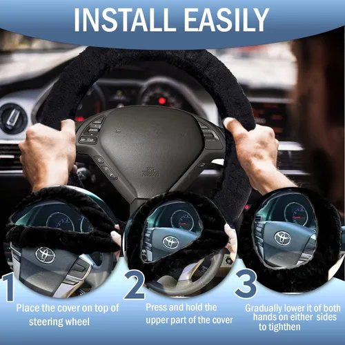 Vista 4 de Forro decorativo Zone Tech antiderrapante de felpa para volante, freno de mano y palanca de cambios - Cómoda cubierta térmica para el volante