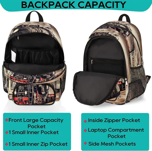 Vista 3 de TropicalLife Mochila escolar vintage de tren de vapor de 18 pulgadas, mochila escolar para adolescentes, niñas, niños, mochila escolar