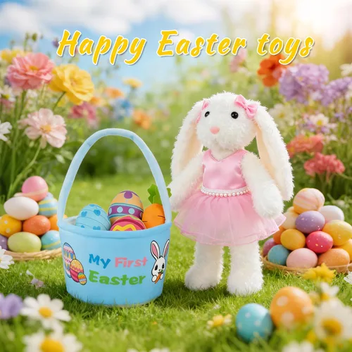 Vista 3 de Juego de 5 cestas de peluche para conejito de Pascua, cubos de Pascua con huevos de Pascua, cesta de caza para regalos de fiesta de Pascua, bolsas