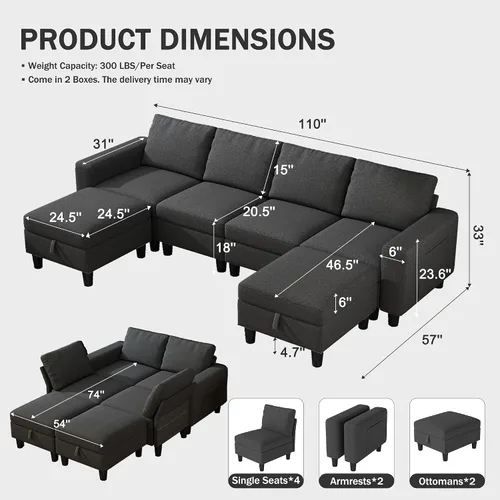 Vista 2 de Sofá modular seccional, sofá modular de 110 pulgadas con almacenamiento y respaldo ajustable, sofás seccionales convertibles de 6 asientos para sala