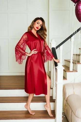 Vista 5 de Avidlove Bata tipo kimono de encaje floral para mujer, de manga larga, bata de baño, bata de novia