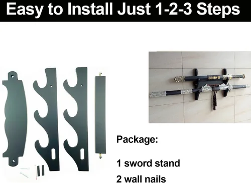 Vista 4 de Soporte de pared de espada de madera, 3 niveles Samurai Sword Display, Katana & Wakizashi Storage, Sword Flute Storage, Fishing Rod Storage