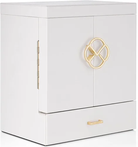 Vista 7 de Vlando Organizador grande de joyería de piel sintética con 5 dibujos, aretes, collares, anillos, cajas de reloj para mujeres y niñas (blanco)