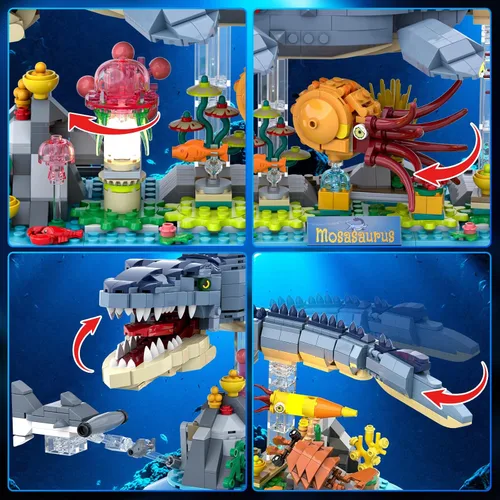 Vista 6 de INSOON Juego de Construcción de Mosasaurus con Luz LED, 1219 Piezas de Bloques de Construcción Movibles de Animales Oceánicos con Nautilus, Medusas