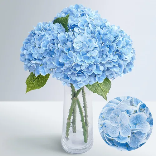 Vista 22 de Flores artificiales de hortensias de tacto real, 2 flores azules y 2 blancas de tacto real, flores de hortensias sintéticas de 21 pulgadas, flores