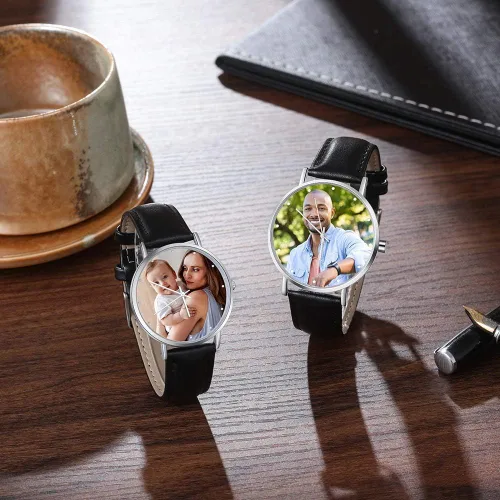 Vista 4 de Lovejewelry Relojes con foto personalizados para hombres y mujeres, correa de cuero, reloj de pulsera personalizado con cualquier nombre