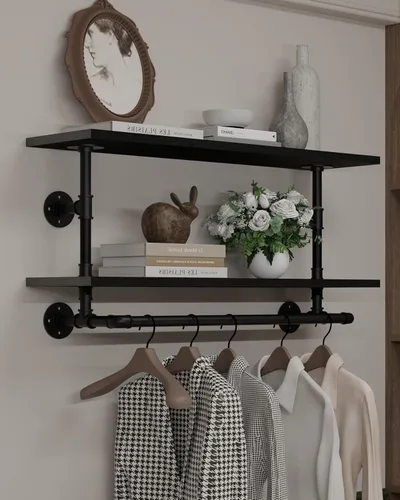 Vista 14 de Perchero negro de 36 pulgadas, perchero montado en la pared con estante de madera real negra, perchero colgante resistente, barra para colgar
