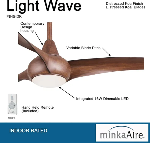 Vista 4 de Minka-Aire F845-DK Ventilador de techo Light Wave de 44 pulgadas con luces LED y mando a distancia, acabado Koa envejecido