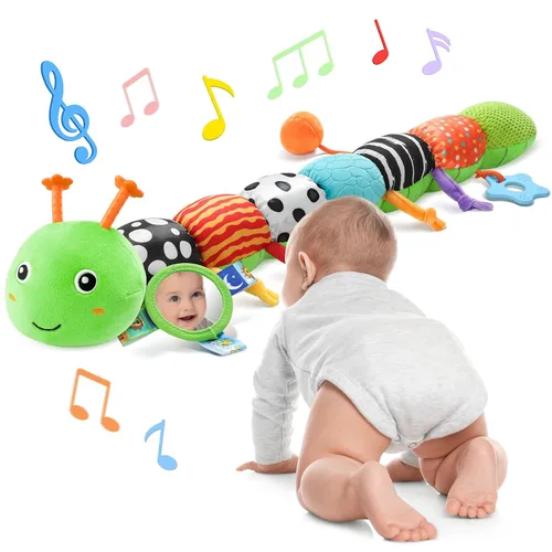 Vista 14 de Awotoy Baby Toys - Juguete musical de oruga interactivo multicolor para bebés, sonajero arrugado, suave con campana de anillo, juguete de peluche