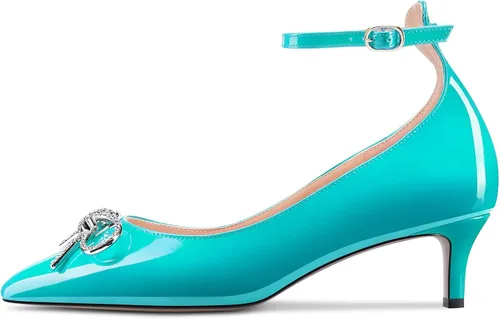 Vista 2 de HDEUOLM Zapatos de tacón de aguja para mujer, tacón medio puntiagudo, correa de tobillo, nudo de lazo, para fiesta, lindos tacones de 2.0 pulgadas