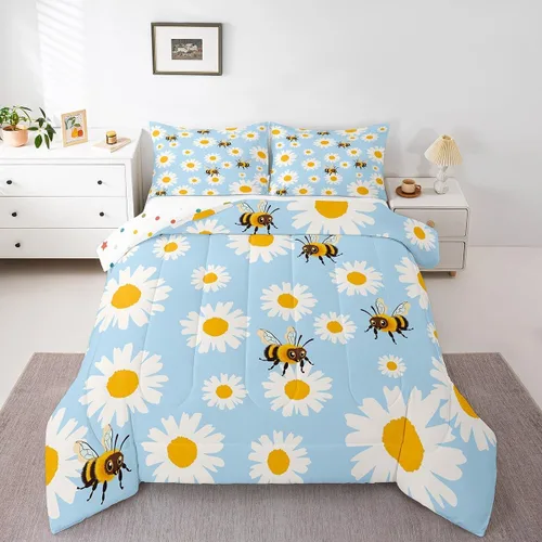 Vista 3 de Erosebridal Juego de edredón de abeja de dibujos animados, tamaño individual, juego de ropa de cama floral de margarita blanca lisa para niños
