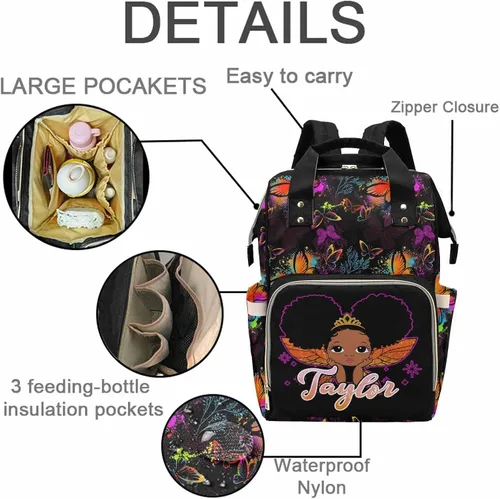 Vista 2 de M YESCUSTOM - Bolsa de pañales personalizada con nombre, diseño de mariposa colorida y negra, bolsa de lactancia para mujeres y hombres, gran