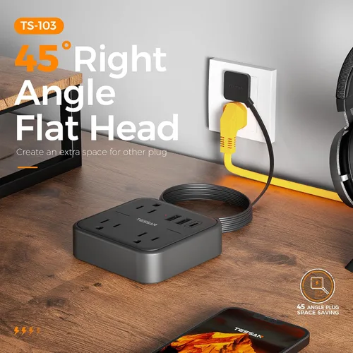 Vista 7 de TESSAN - Cable de extensión plano ultradelgado de 5 pies, color negro Slim Power Strip with USB Ports (1 USB C), Surge Protector, Flat Plug Wall
