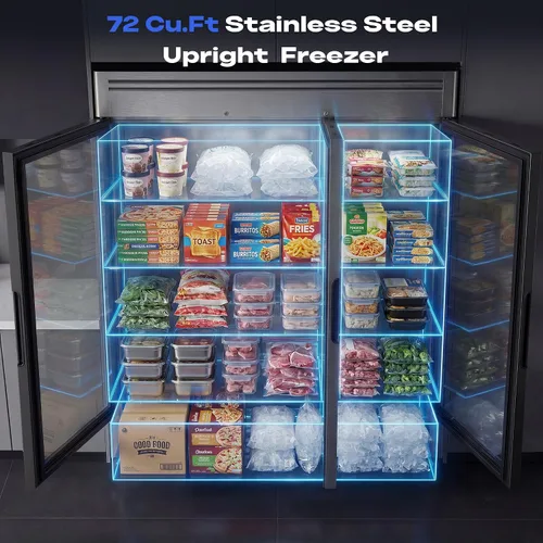 Vista 3 de Coolake Congelador comercial de 82 pulgadas, 3 puertas de vidrio, 72 pies cúbicos de acero inoxidable con luz LED, ventilador de -8 a 0 ℉