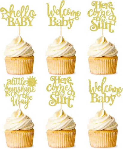 Vista 8 de 24 adornos dorados con purpurina para cupcakes con texto en inglés "You are My Sunshine", para baby shower, baby shower, revelación de género