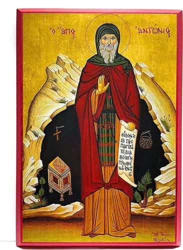Vista 4 de Icono cristiano ortodoxo griego de madera San Antonio el Grande (4.5" x 6.5")