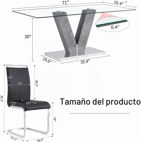 Vista 2 de Gopop Juego de mesa de comedor de cristal para 6, mesa de comedor gris con 6 sillas de comedor de piel sintética, mesa de cocina de 71 pulgadas