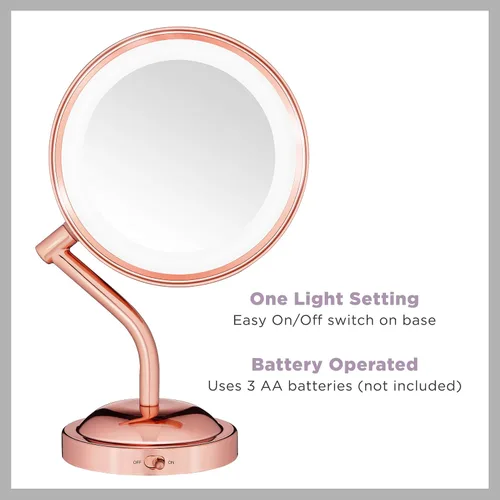 Vista 2 de Conair Espejo de maquillaje iluminado con aumento, espejo de tocador LED, espejo de aumento 1X/5X, espejo de doble cara, funciona con batería, oro