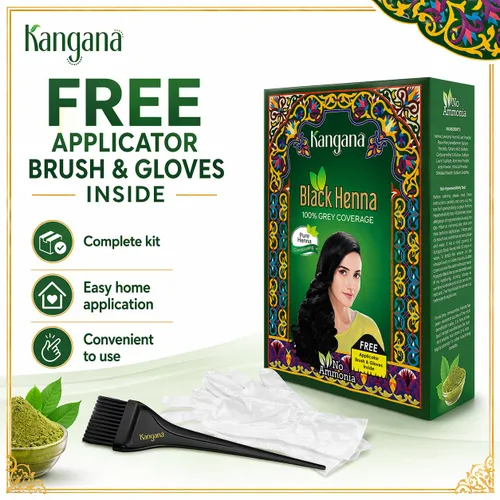 Vista 5 de Kangana Henna negra en polvo con amla y aloe vera, cobertura gris, 6 bolsas