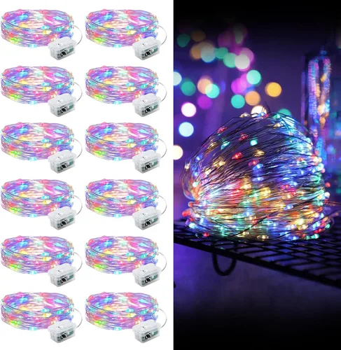 Vista 40 de Aogist Paquete de 24 luces de hadas, 3 modos, 2,1 metros, 20 luces LED, impermeables, cable plateado, funcionan con pilas, mini luces de alambre
