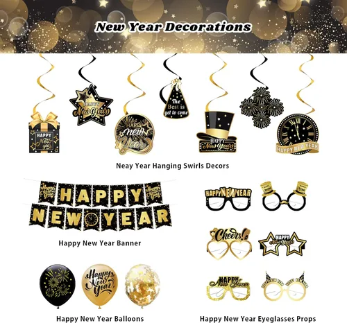 Vista 3 de Decoraciones de Año Nuevo 2025, suministros de fiesta de feliz año nuevo negro dorado con banderines, espirales colgantes, accesorios de cabina