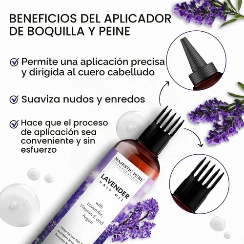 Vista 6 de Majestic Pure Aceite 100% Puro de Lavanda con Vitamina E para Cuidado del Cabello, Fórmula Fortalecedora, Nutritiva y Voluminizadora con Vitamina E